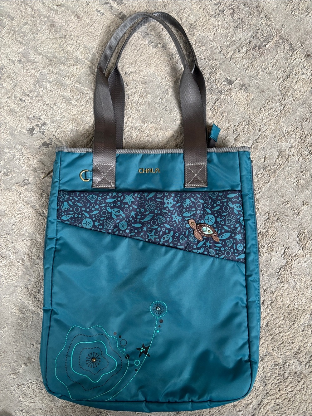 Chala Teal Patterned Tote with Navy Accent